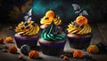 colorful cakes with halloween decoration