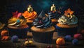 colorful cakes with halloween decoration
