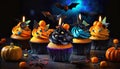 colorful cakes with halloween decoration