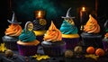 colorful cakes with halloween decoration