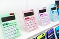 Colorful calculators on showcase in stationery store Royalty Free Stock Photo