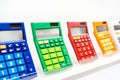 Colorful calculators on showcase in stationery store Royalty Free Stock Photo