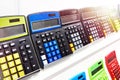 Colorful calculators in stationery store Royalty Free Stock Photo