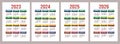 Colorful calendar 2023, 2024, 2025 and 2026. Color vector pocket calender design. Week starts on Sunday. January