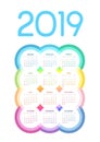 Colorful 2019 calendar of multicolored circles with edging on white