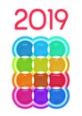 Colorful 2019 calendar of multicolored circles with edging on white