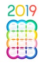 Colorful 2019 calendar of multicolored circles with edging on white