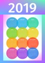 Colorful 2019 calendar from multicolored circles