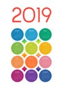 Colorful 2019 calendar from multicolored circles on white