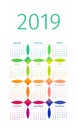 Colorful 2019 calendar with multicolored patterns on white