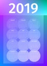 Colorful 2019 calendar of translucent circles on a neon glowing background