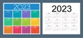 Colorful calendar for 2023 year. Russian language. Week starts on Monday
