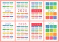 Colorful calendar 2020 year. Vector template collection. Color English pocket calender set. Week starts on Sunday