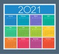 Colorful Calendar for year 2021. Week starts on Sunday