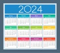 Colorful calendar for 2024 year. Week starts on Sunday