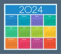 Colorful calendar for 2024 year. Week starts on Sunday