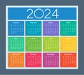 Colorful calendar for 2024 year. Week starts on Sunday