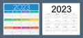 Colorful calendar for 2023 year. Week starts on Sunday