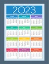 Colorful calendar for 2023 year. Week starts on Sunday. Vertical