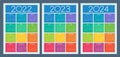 Colorful calendar for 2022, 2023 and 2024 years. Week starts on Sunday. Isolated vector illustration Royalty Free Stock Photo