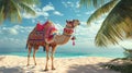 Colorful camel on tropical beach with palm trees and ocean view Royalty Free Stock Photo