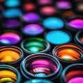 Colorful camera lenses arranged in a vibrant pattern showcasing various hues and reflections, copy space for text