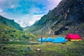 The colorful Camping site in the serene desert valley in the mountains of Himalaya