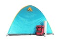 Colorful camping tent, backpack and mat Royalty Free Stock Photo