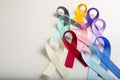 Multi colored cancer ribbons Proudly worn by patients, supporters and survivors for world cancer day. Bringing awareness to all ty