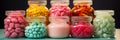 Colorful candies in glass jars and in deep plates, side view. A large assortment of sweets