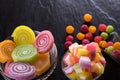 Colorful candies, jelly and marmalade and jellybeans around a ce Royalty Free Stock Photo