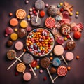 Colorful candies and lollipops on a dark background