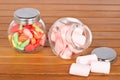 Colorful candies and pink marshmallows