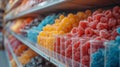 Colorful candies in plastic cups on shelf in supermarket, closeup