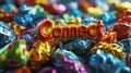 Colorful candies wrapped in shiny foil populate the image, creating a vibrant and playful atmosphere