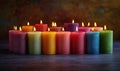 Colorful candles arranged in a vibrant display with warm glowing flames Royalty Free Stock Photo