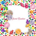 Colorful candy background with jelly beans, lolipop and orange slice