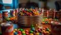 Colorful candy bowl, a sweet childhood indulgence generated by AI