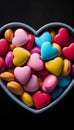 Colorful Candy Hearts Background. Sweet Valentines Day Treats for Romantic Love Concepts. Vertical