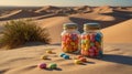 Colorful Candy in Glass Jars on Desert Sand Royalty Free Stock Photo