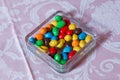 Colorful candy . Multi colored sweets . Colored candy in a glass . Round chocolate is very colorful Royalty Free Stock Photo