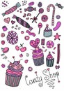 Colorful candy shop icons. Doodle candy set. Collection of candies, lollipops, cupcakes, sweets and desserts isolated on white bac