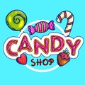Colorful candy shop label on blue background Royalty Free Stock Photo