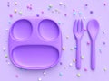 Colorful candy sphere 3d rendering Purple dish spoon fork