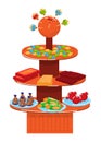 Colorful candy stand with lollipops, gummies, and chocolates. Sweet buffet with various treats. Dessert table for party