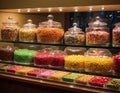 Colorful candy store display with a variety of sweets in glass jars and trays. Royalty Free Stock Photo