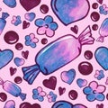 Colorful candy sweets, hearts and flowers painting - seamless pattern on pink background Royalty Free Stock Photo