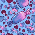 Colorful candy sweets, hearts and flowers painting - seamless pattern on blue Royalty Free Stock Photo