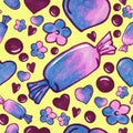 Colorful candy sweets, hearts and flowers painting - seamless pattern on yellow Royalty Free Stock Photo