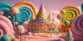 Colorful candyland in pastels. Candy castle with ice cream and lollipop trees. Sweet, dessert, birthday background. Royalty Free Stock Photo
